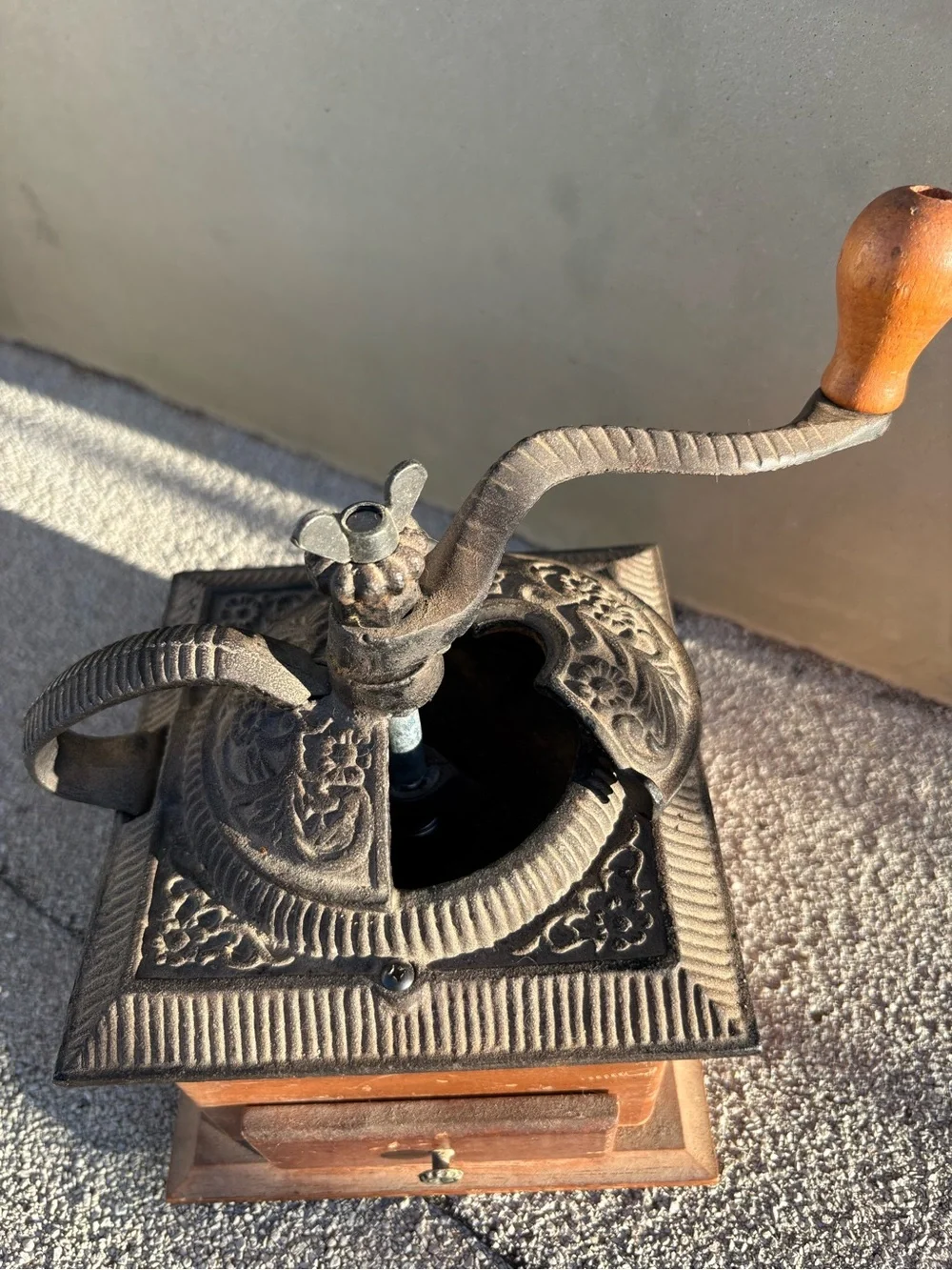 Vintage Wooden hand crank coffee grinder cast iron Rustic farmhouse decor
